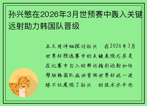 孙兴慜在2026年3月世预赛中轰入关键远射助力韩国队晋级